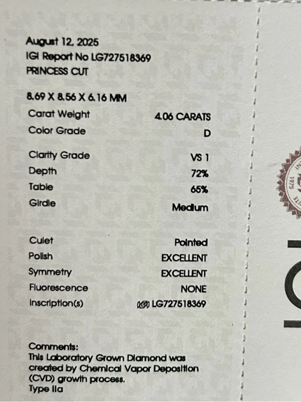 4.06 princess cut lab grown diamond